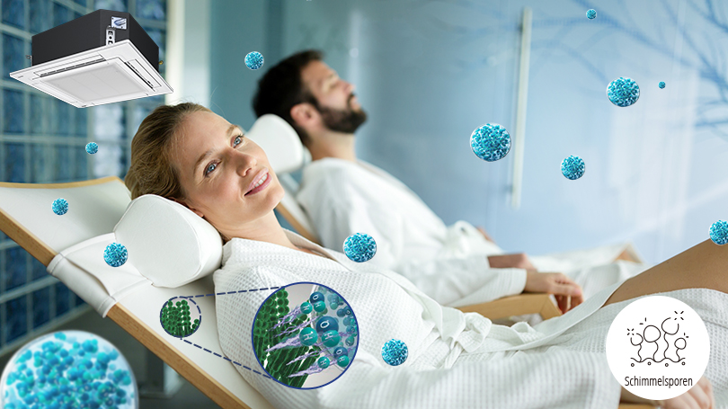 Ein Foto, das zeigt, dass der Schimmel um eine Frau, die sich im Bademantel entspannt, durch nanoe™ X gehemmt wird.