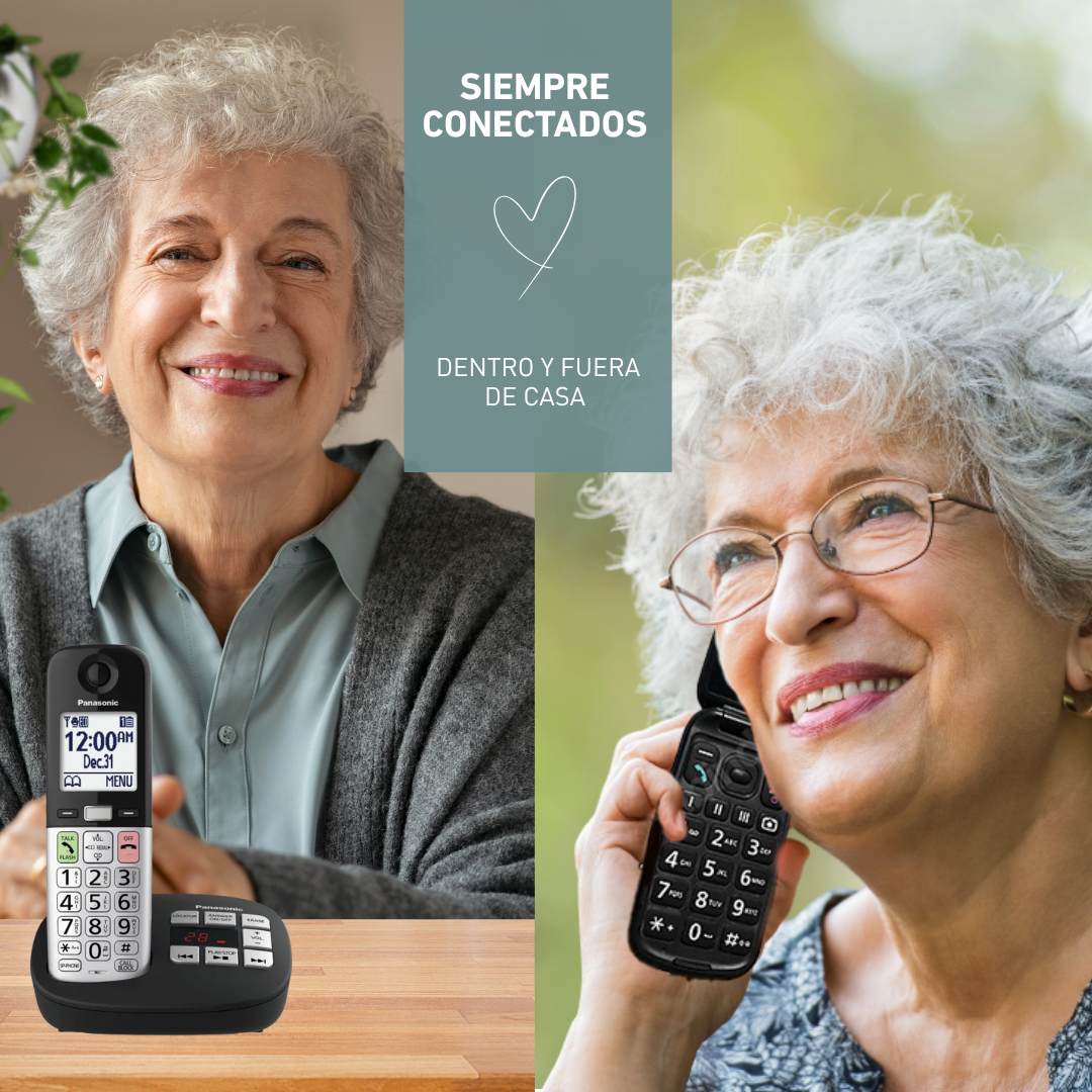 La Imagen promociona teléfonos Panasonic para mayores. Dos mujeres sonrientes los usan, con texto 