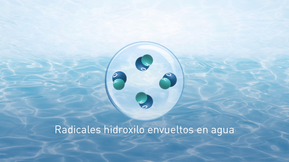 Una imagen en la que se muestra que nanoe™ X es una tecnología de radicales de hidroxilo contenidos en el agua