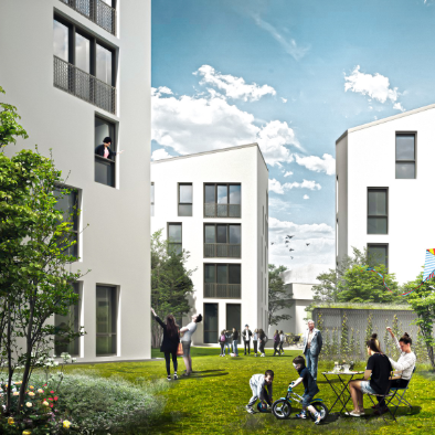 Edificios modernos con árboles al frente. Texto: 'Suministro de energía a un barrio inteligente en Alemania'.