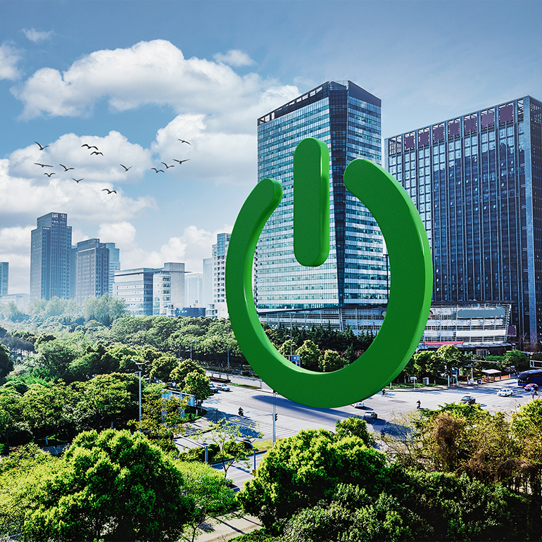 Urban landscape with tall buildings and trees, with a large green power button symbol superimposed.
