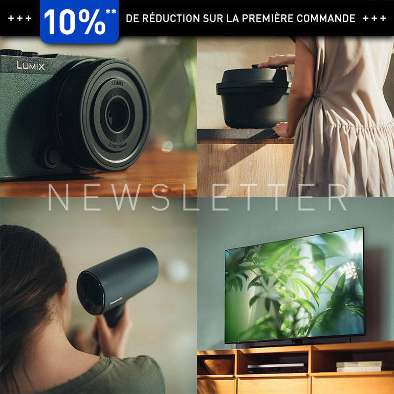 Objectif d'appareil photo avec le texte « 10 % » en haut et « Newsletter : -10 % sur votre première commande » en dessous.