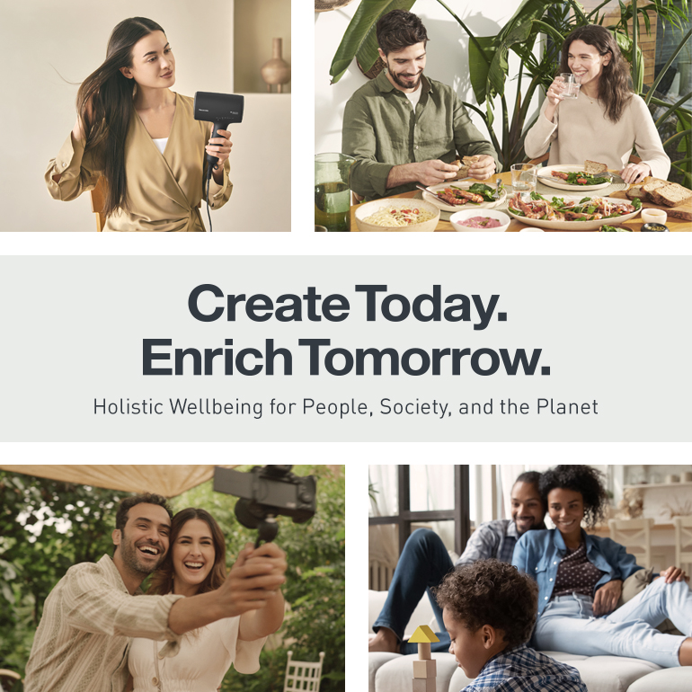 Collage van vier afbeeldingen met iemand die een fotocamera vasthoudt, de afwas doet, een haardroger gebruikt of op een bank zit en tv kijkt