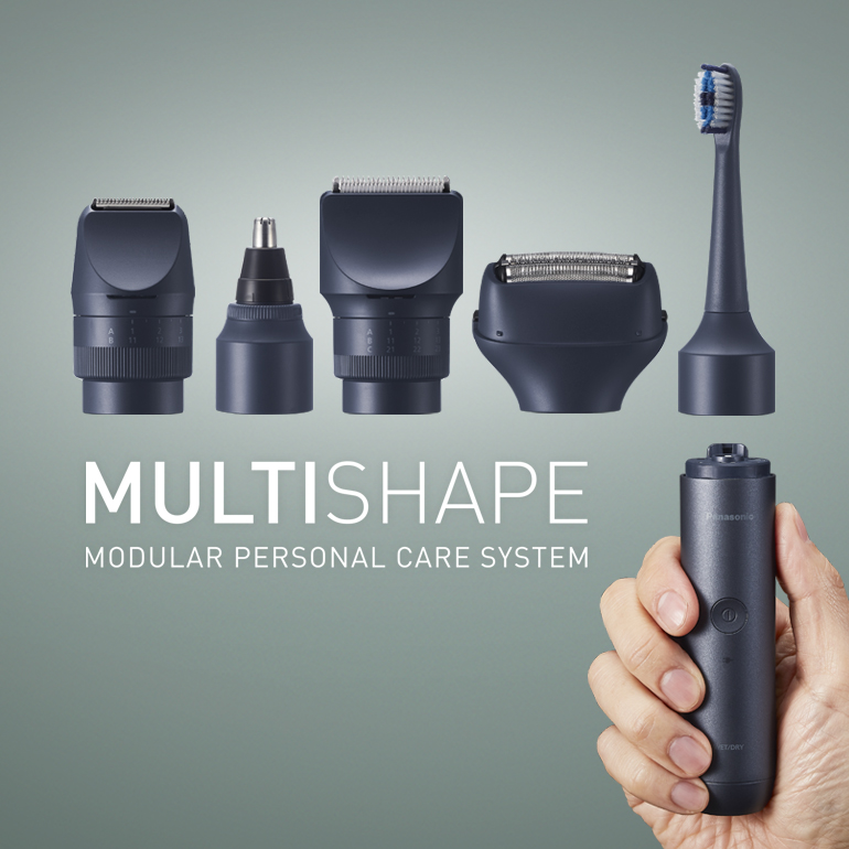 A modular personal care system named 'MULTISHAPE' is displayed with five different grooming attachments