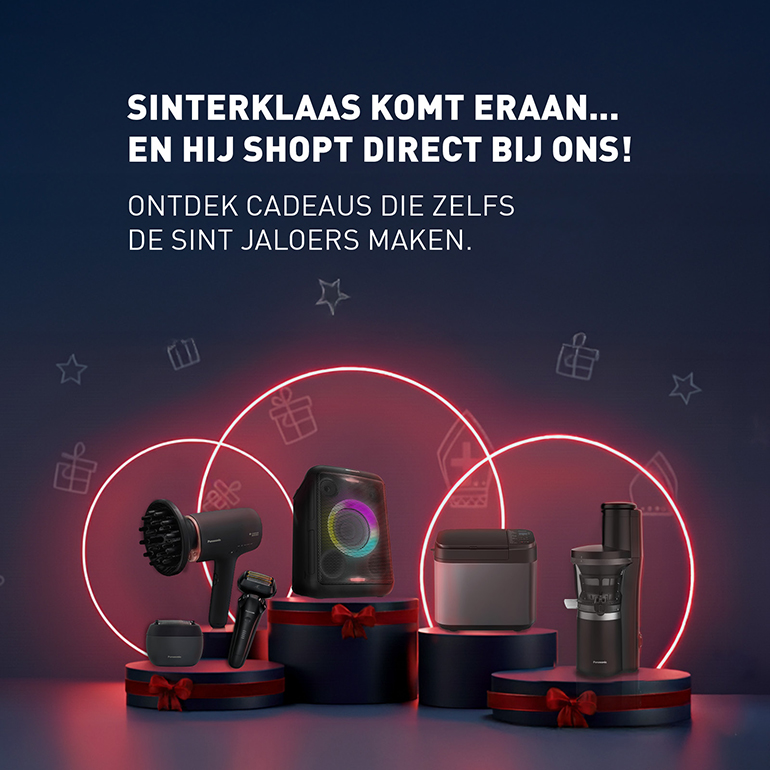 Deze afbeelding promoot Sinterklaas-cadeaus. Er zijn elektronische producten zoals een haardroger, een speaker, een rijstkoker en een sapcentrifuge, versierd met rode linten en borden. De achtergrond heeft neonringen, sterren en cadeau-icontjes, createert een feestelijke sfeer. De tekst nodigt uit om geweldige cadeaus te ontdekken.