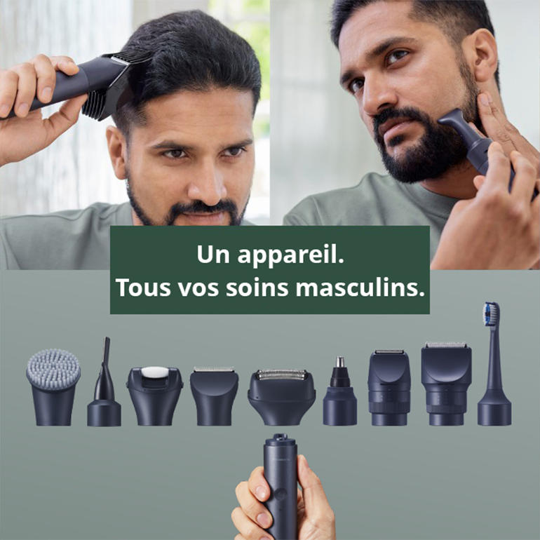 Homme qui utilise un appareil de rasage. Texte : « Un seul appareil. Tous vos besoins en matière de rasage masculin ». Images des accessoires de rasage.