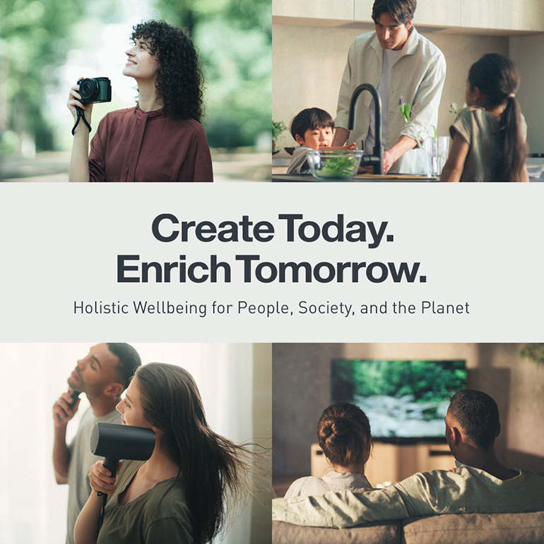 Collage of four images with person holding a camera, washing dishes, using a hairdryer or sitting on a couch watching TV