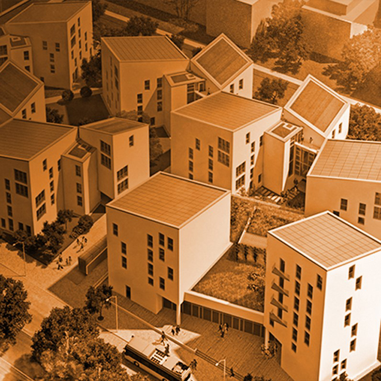 Vue d'une zone résidentielle avec plusieurs bâtiments.