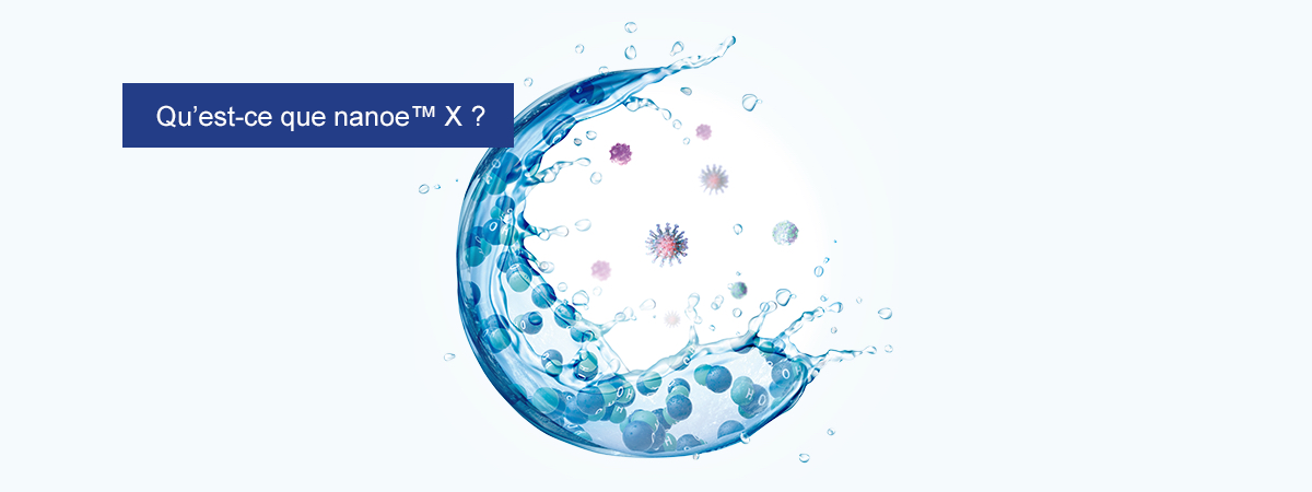 Une image qui indique que nanoe™ X contient dans radicaux hydroxyles dans de l'eau et a comme propriété le fait d'agir sur différentes substances telles que les bactéries, les virus et les substances responsables de mauvaises odeurs