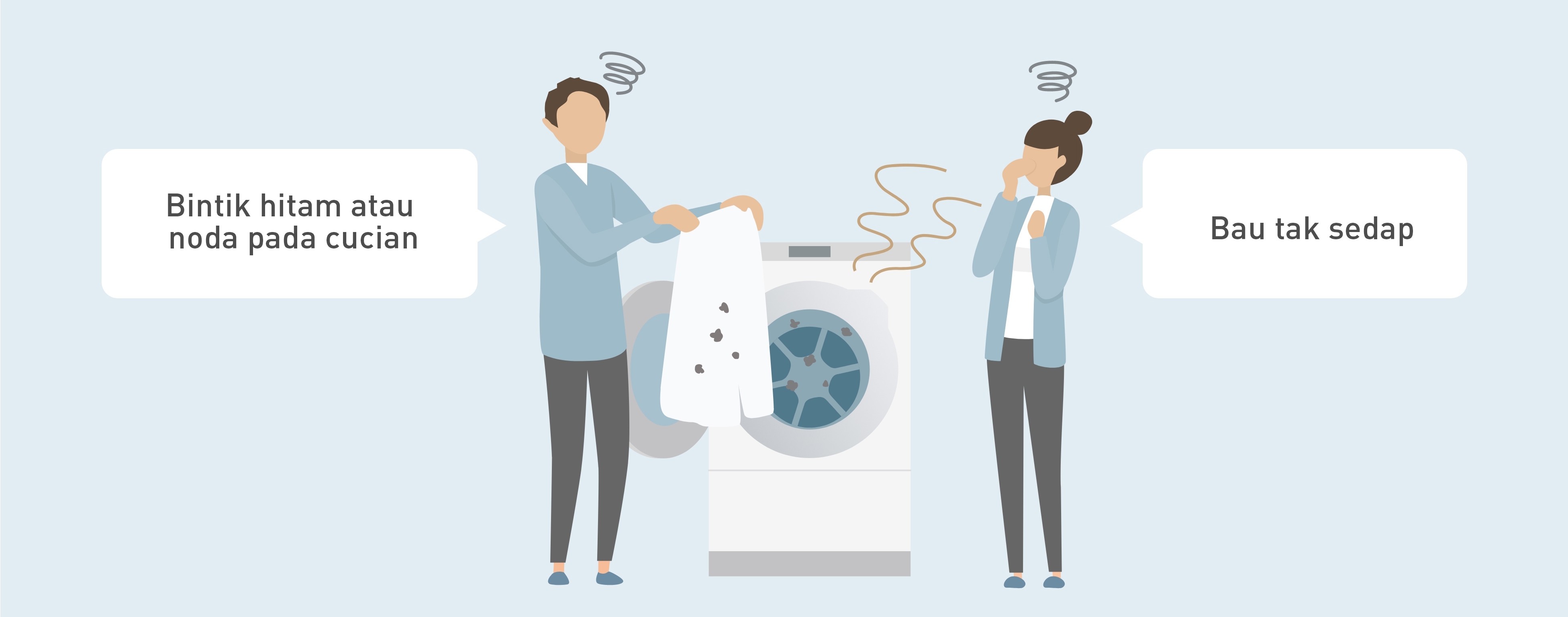 Ilustrasi masalah cucian: seorang pria melihat bintik-bintik hitam pada kemeja, dan berkata, 'Bintik hitam atau noda pada cucian', sementara seorang wanita mencium bau, dan berkata, 'Bau tidak sedap'.