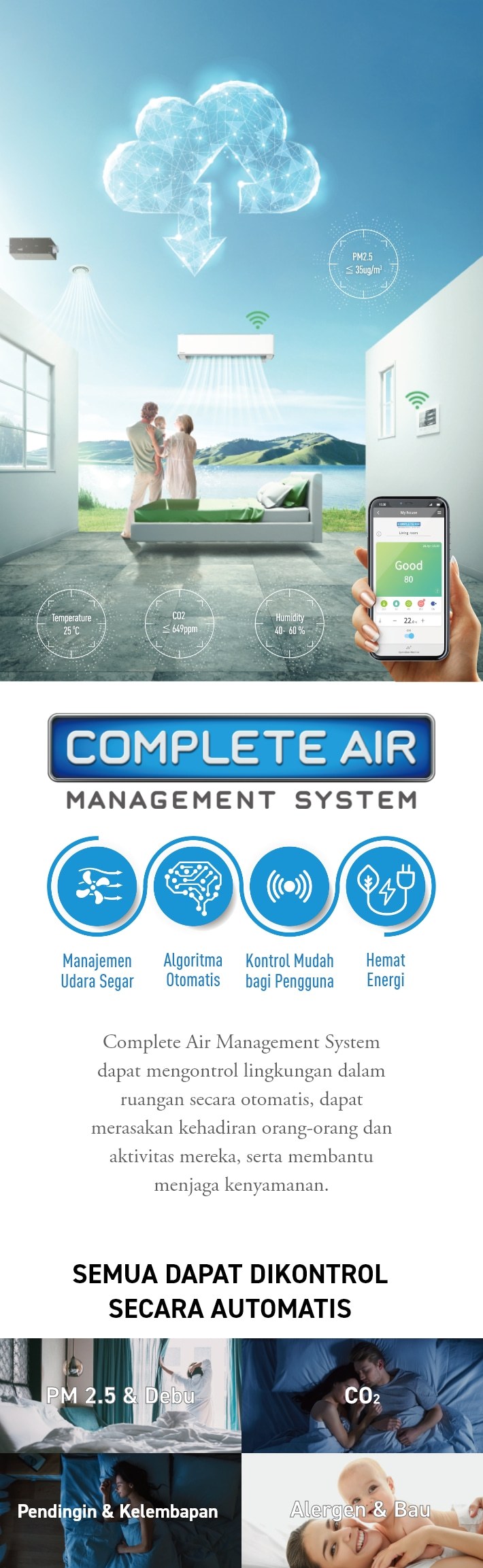 COMPLETE AIR MANAGEMENT SYSTEM Manajemen Udara Segar Algoritma Otomatis Kontrol Mudah bagi Pengguna Hemat Energi Complete Air Management System dapat mengontrol lingkungan dalam ruangan secara otomatis, dapat merasakan kehadiran orang-orang dan aktivitas mereka, serta membantu menjaga kenyamanan. SEMUA DAPAT DIKONTROL SECARA AUTOMATIS.PM 2.5 & Debu CO2 Pendingin & Kelembapan Alergen & Bau