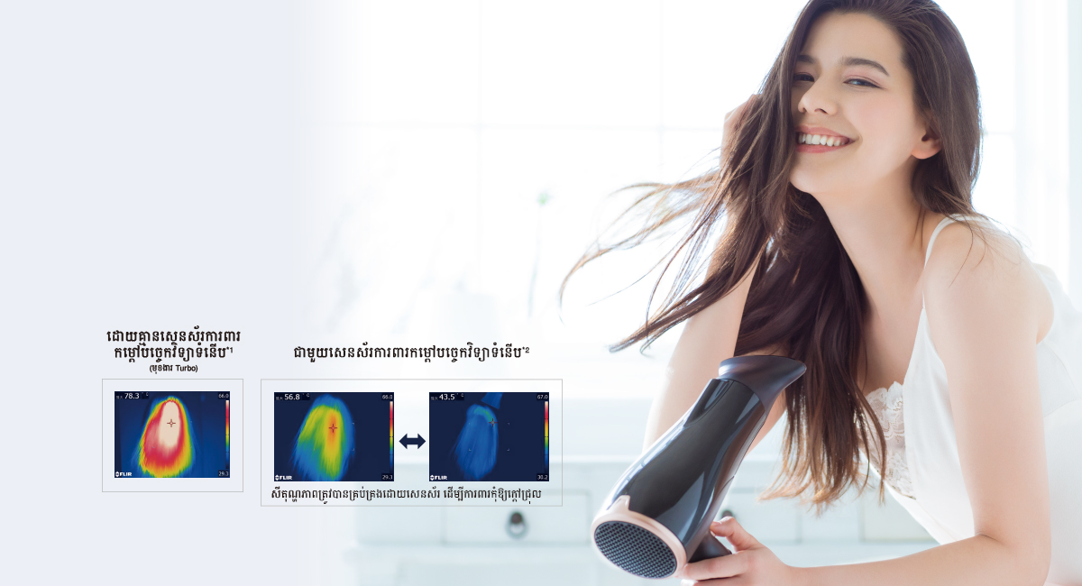 សម្ងួតសក់របស់អ្នកបានយ៉ាងមានប្រសិទ្ធភាពជាមួយសេនស័រការពារកម្ដៅបច្ចេកវិទ្យាទំនើប
