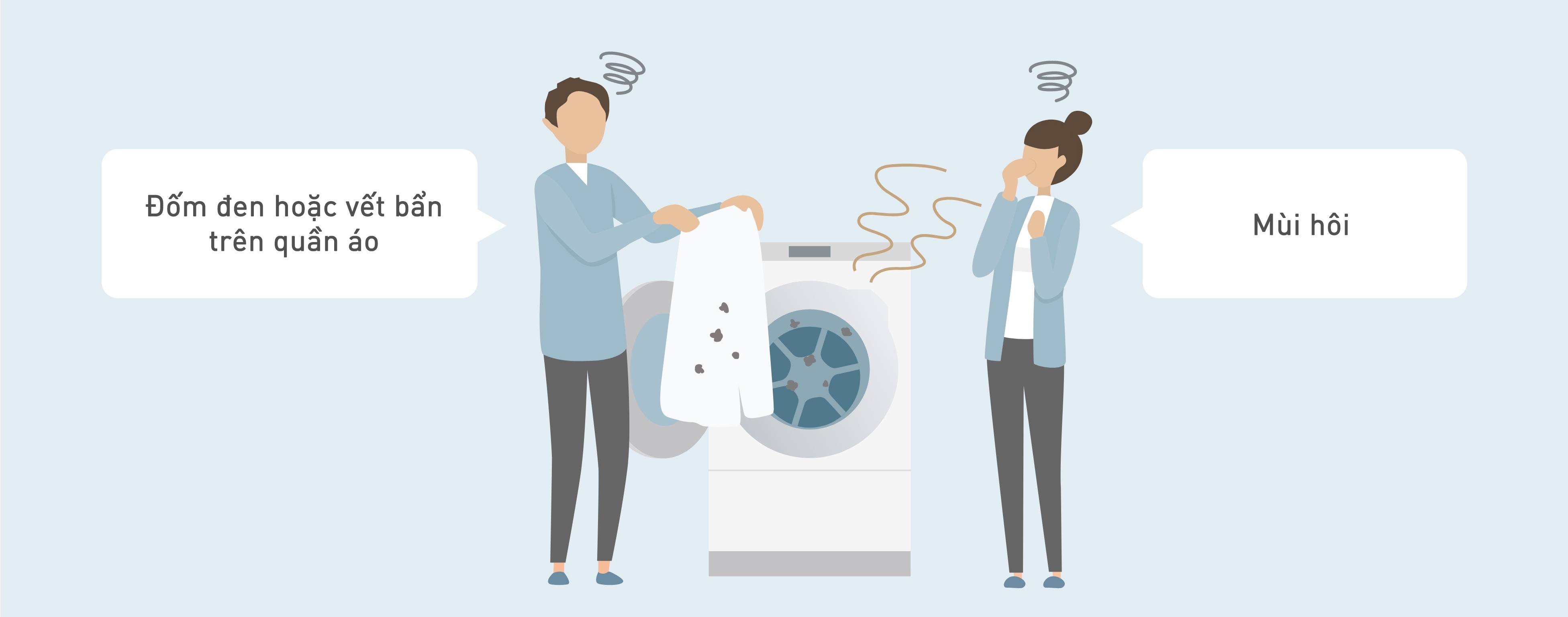 Minh họa về vấn đề khi giặt giũ: một người đàn ông thấy có đốm đen trên áo và nói 