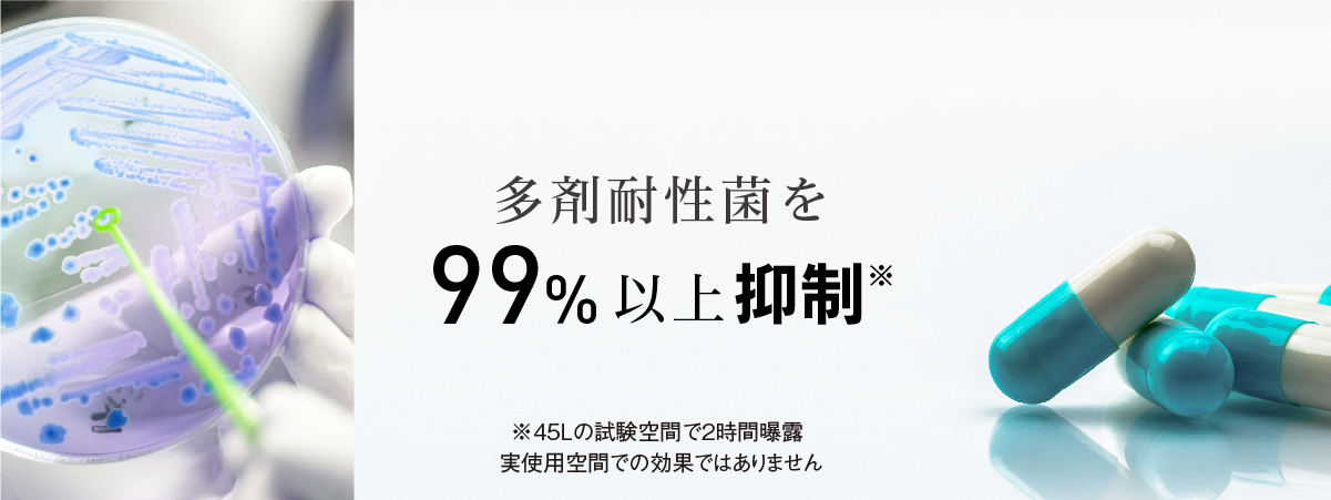 画像：病原細菌　抗生物質　テキスト：多剤耐性菌を99％以上抑制