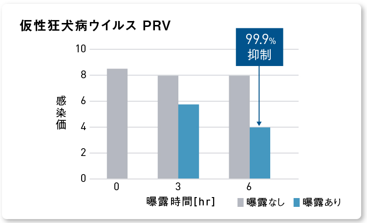 グラフ：ナノイー（帯電微粒子水）を6時間曝露した後の仮性狂犬病ウイルス PRV抑制率 99.9％