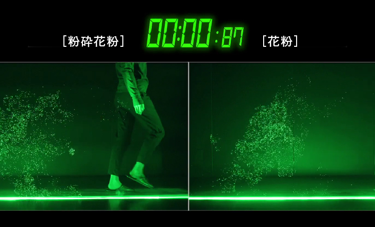 高く舞い上がる踏まれた粉砕花粉（左）