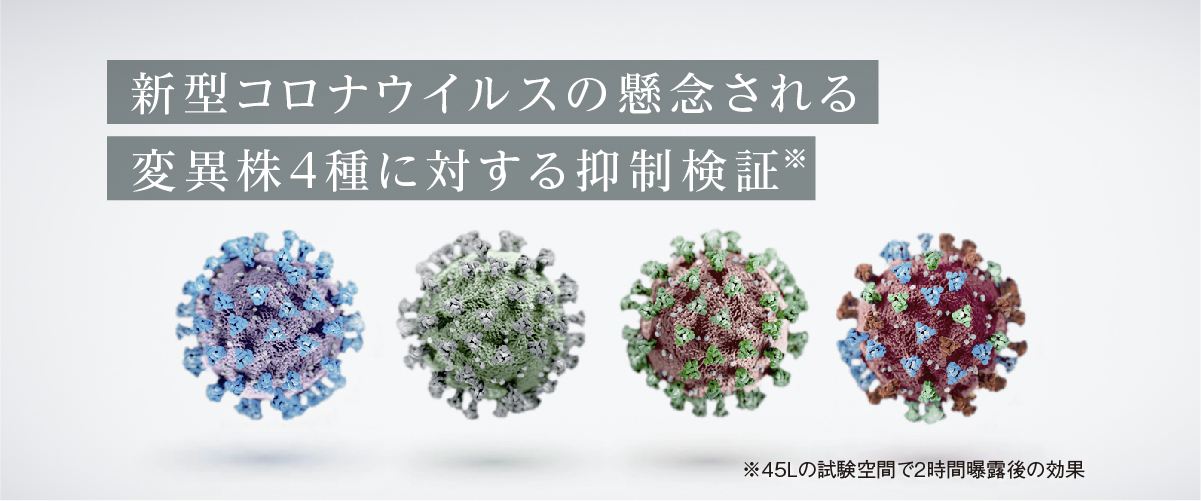 画像：新型コロナウイルス変異株4種　テキスト：新型コロナウイルスの懸念される変異株4種に対する抑制検証