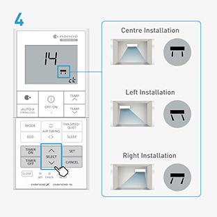 The settings are defaulted in the centre position. Press “Select” to position the air conditioner’s flaps.