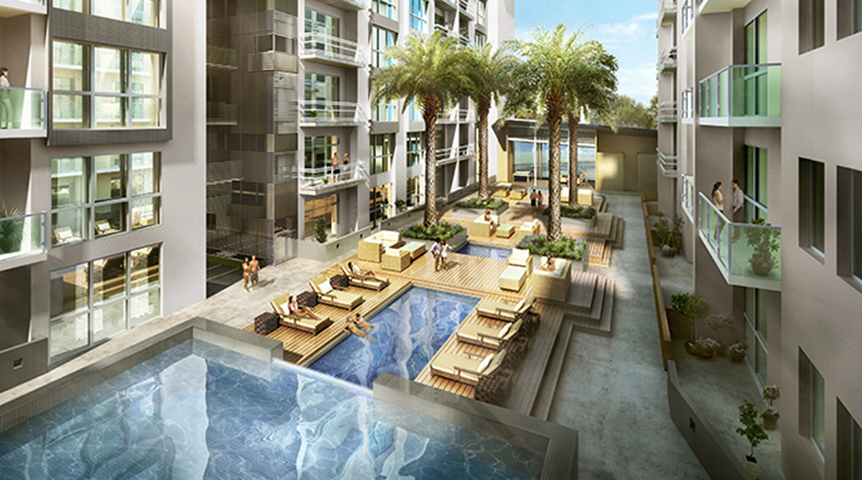 An image of 3D-computer-generated image of a courtyard at a new residential building, Mosaic