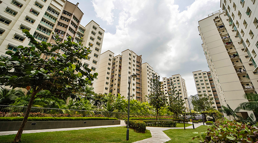 An image of residential buildings of Punggol Eco-Town from the low angle