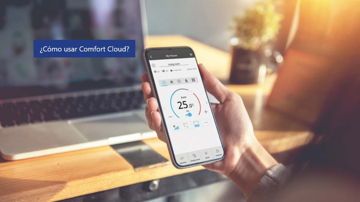 Imagen de uso de la aplicación Panasonic Comfort Cloud en un smartphone
