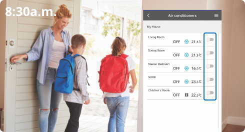 Imagen de personas saliendo de su casa y la interfaz gráfica de una aplicación
