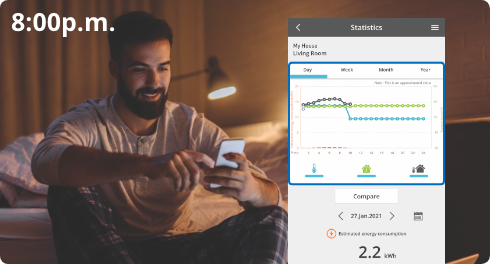 Imagen de un hombre usando un smartphone de noche y una interfaz gráfica de una aplicación