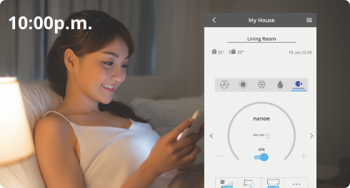 Imagen de una mujer usando un smartphone de noche y la interfaz gráfica de una aplicación
