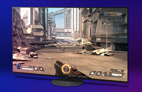 Product image of the JZ1000 OLED TV in front of a colored background. On the screen you can see an ego shooter video game.