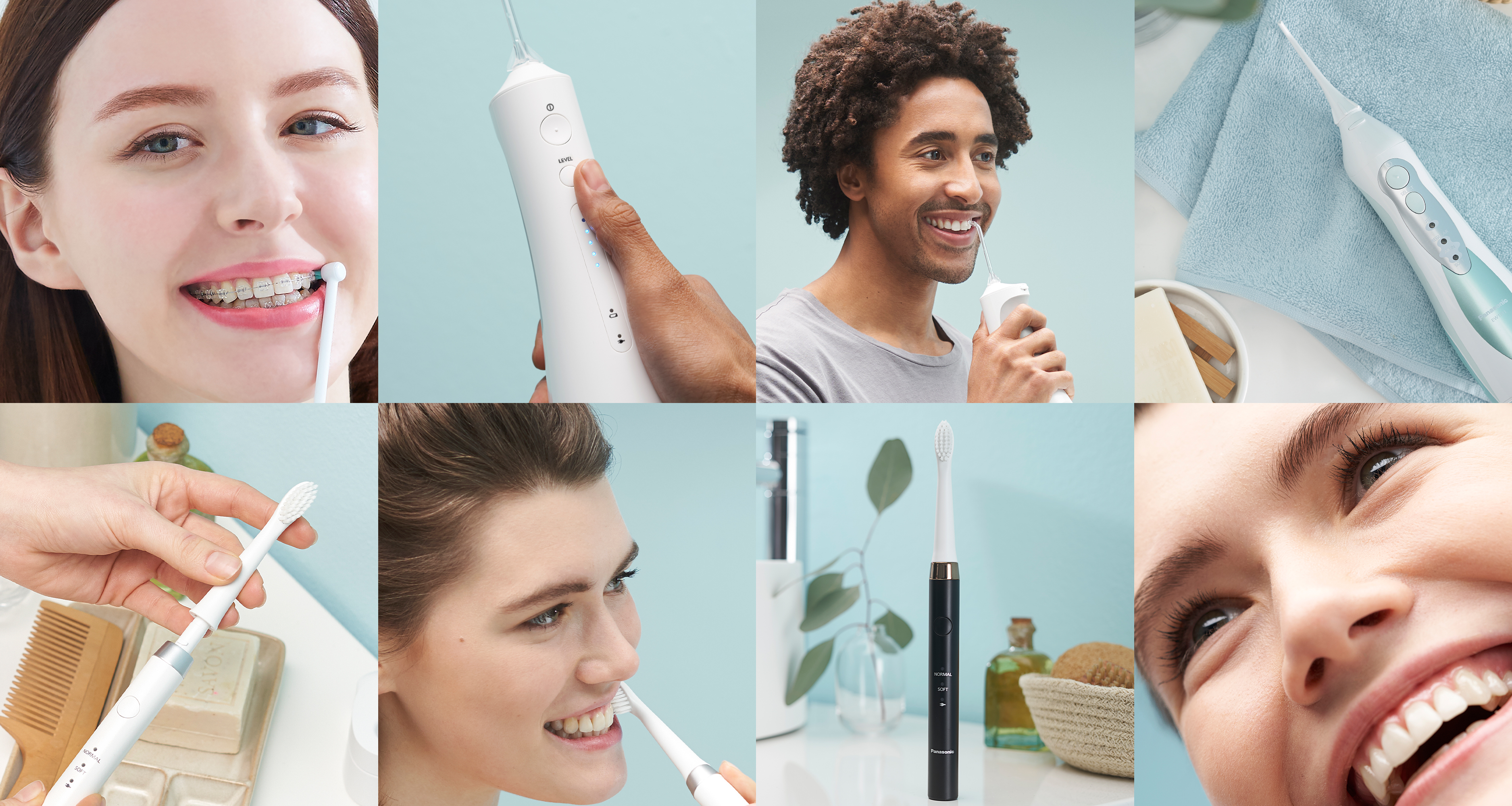 Kolaż zdjęć przedstawiających młodych ludzi z lśniącymi białymi zdrowymi zębami, którzy korzystają z różnych produktów Panasonic do pielęgnacji jamy ustnej