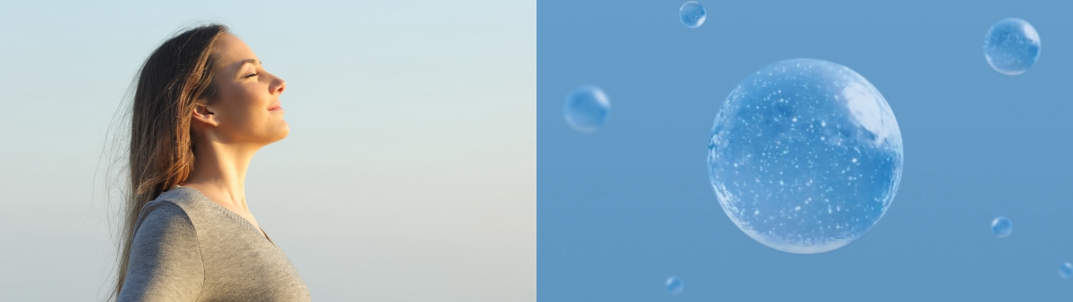 An image of a woman breezing the air and an image where water wraps the harmful substances.