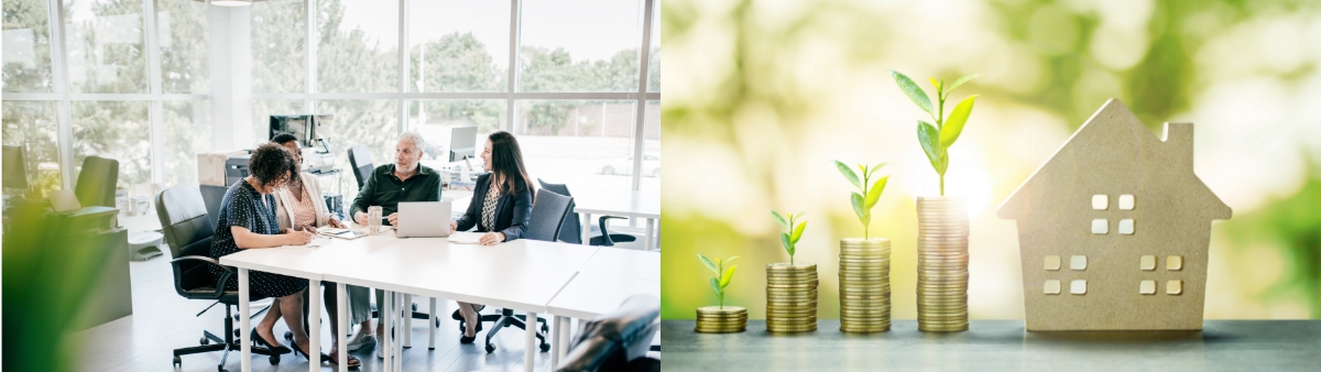 An image where males and females are having a meeting and the image where the real estate value increases.