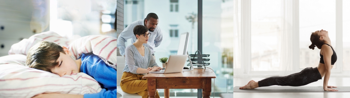 An image where a boy is sleeping in bed, a male a a female looking into the computer at the office and an image where the woman is practicing yoga.