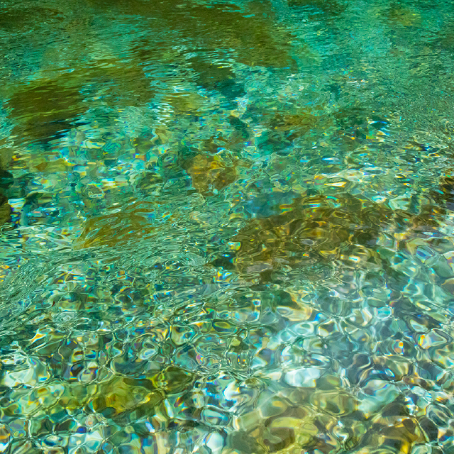 Close-up photo of clean water in a shallow pond, with ripples on the surface that gently shimmer with reflected sunlight.