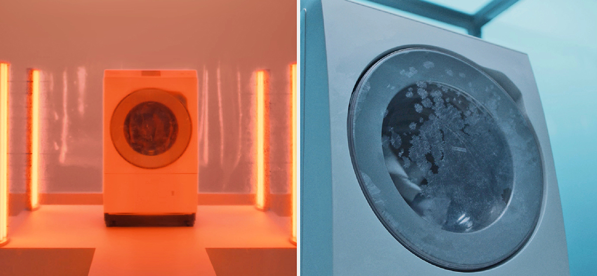 Side-by-side photos: front-loading washing machine being tested by heating units glowing bright orange; close-up of front-loading washing machine with frost growing on the door.