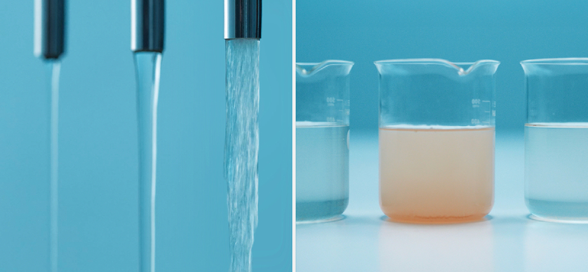 Side-by-side photos: streams of water flowing from 3 nozzles at different rates of water pressure; 3 beakers of water that vary in colour, indicating different types of water quality.