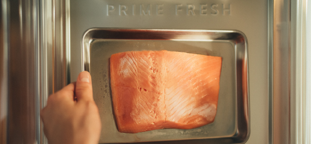 A salmon filet being placed into the Prime Fresh compartment