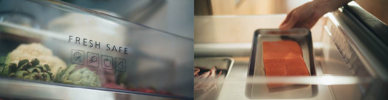 Close-up of Fresh Safe compartment. Fresh salmon filet being placed into Prime Fresh compartment.