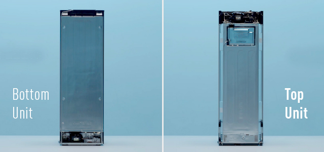 Bottom unit fridge with compressor at the bottom, top unit fridge with compressor at the top.