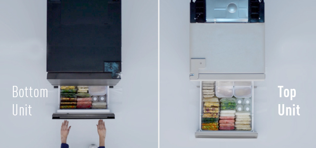 Storage space comparison. Top unit fridge has more bottom shelf storage space than bottom unit fridge.