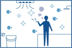 Una ilustración en la que se muestra que nanoe™ X puede inhibir olores en una habitación de hotel las 24 horas del día, los 7 días de la semana