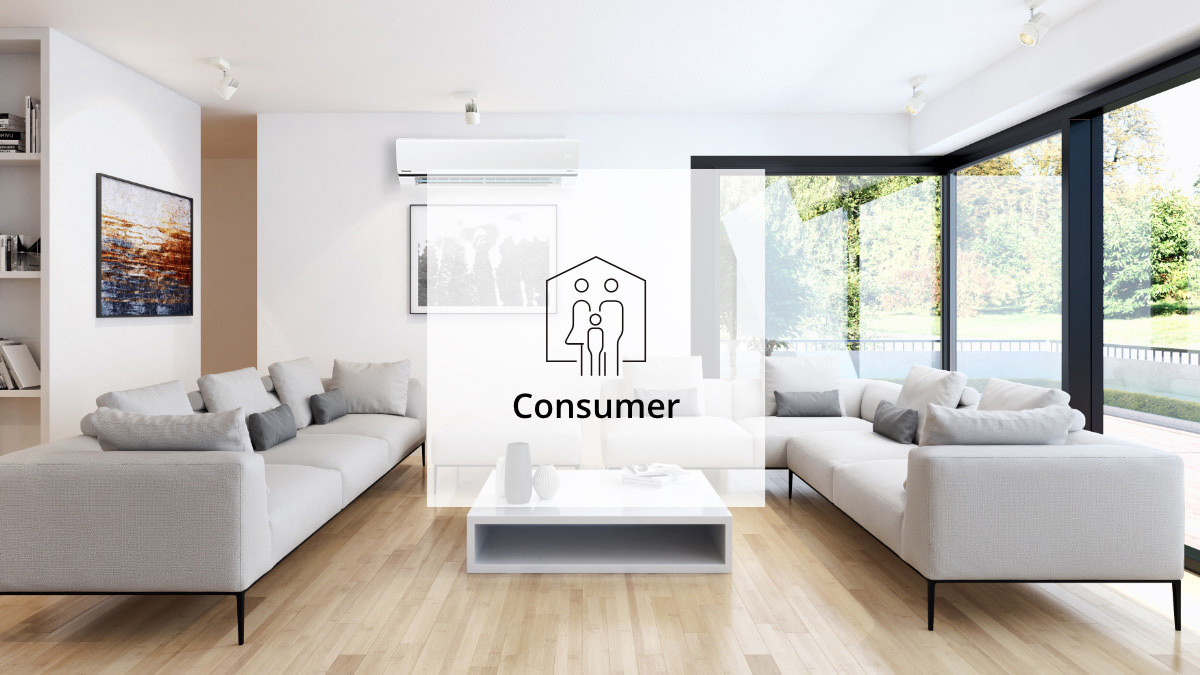 An image of a clean, comfortable living room with a wall-mounted air conditioner