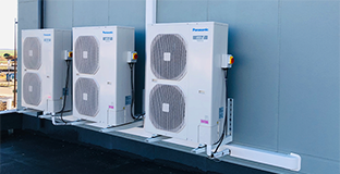 Images of dentist, outdoor units, and 4-way cassette air conditioner