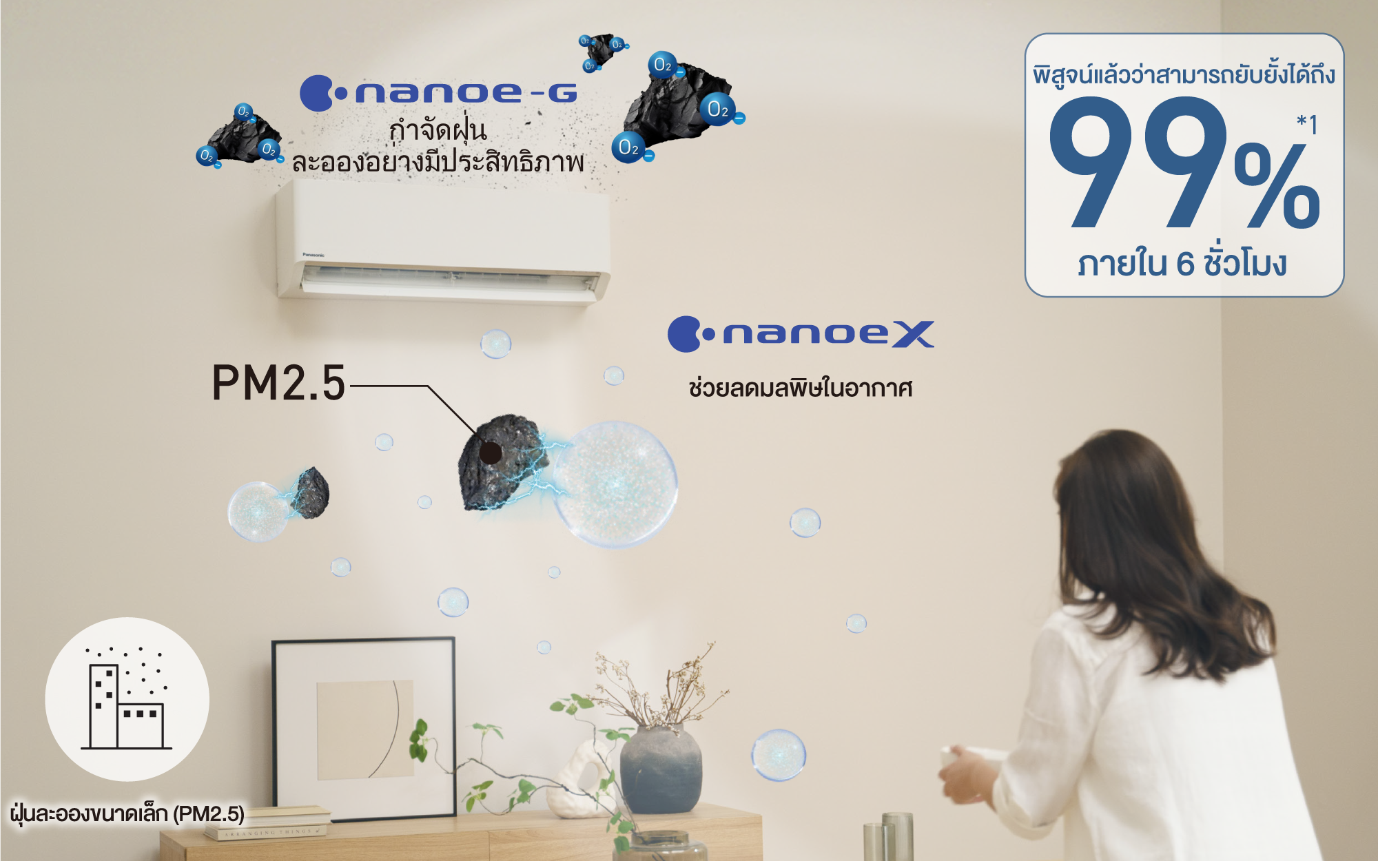 เทคโนโลยี nanoe™ X สามารถยับยั้ง PM2.5 ได้ถึง 99% ภายใน 6 ชั่วโมง >*