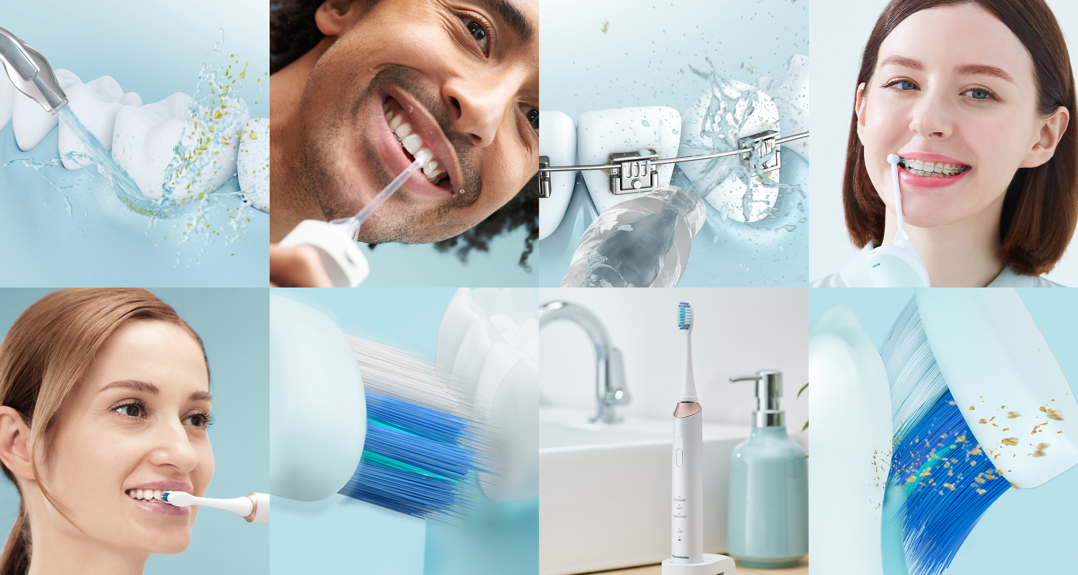 Kolaż obrazów przedstawiających 3 młodych ludzi korzystających z różnych produktów Panasonic do higieny jamy ustnej Kolejne 5 zdjęć przedstawia czyszczenie zębów.