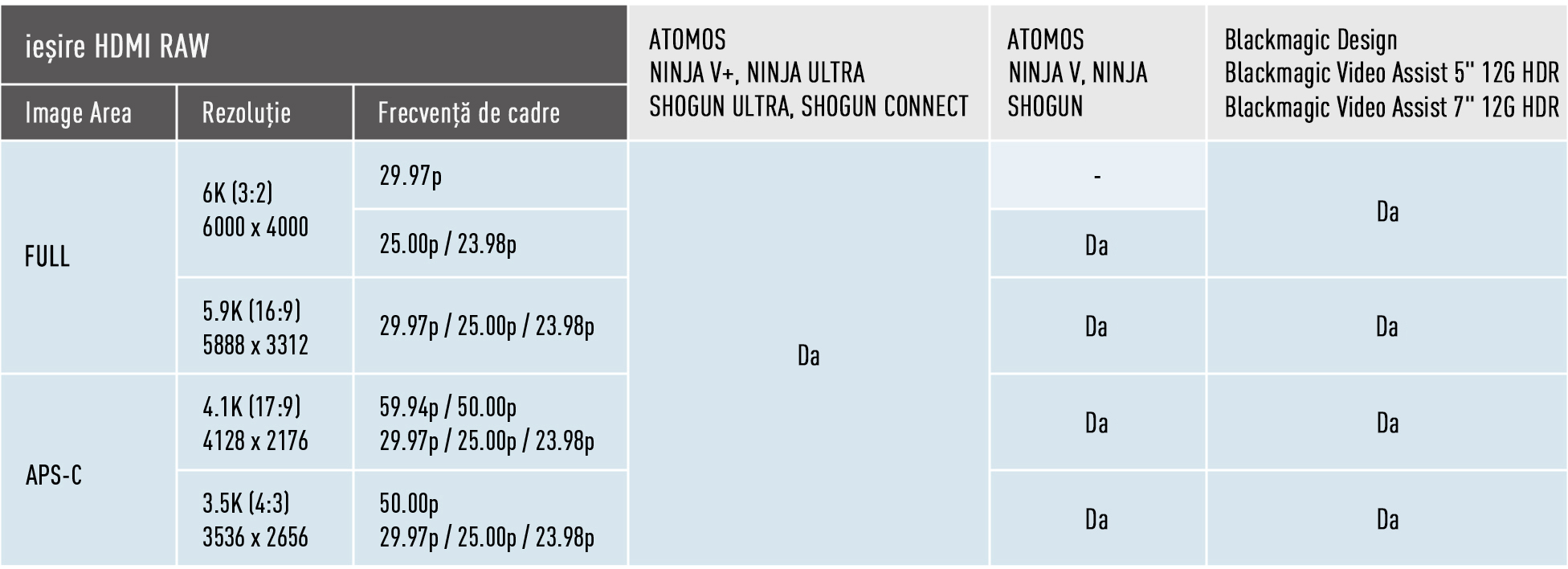 Ieșire de date video RAW