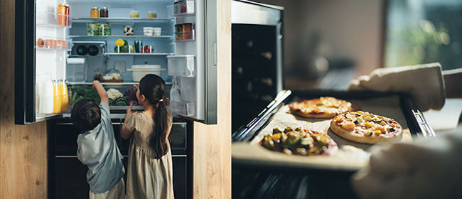 Side-by-side photos: Two young children peering into an open refrigerator, and a tray of freshly baked mini-pizzas being taken out of a combination oven.