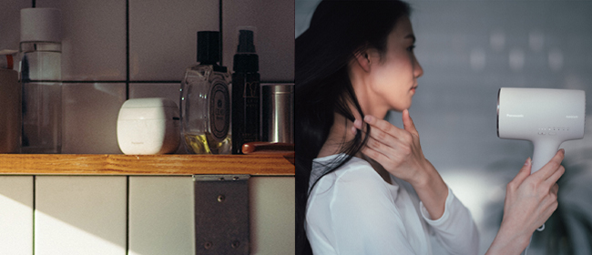 Compact shaver on a bathroom shelf amongst other personal care products. A woman drying her hair with a compact hair dryer.