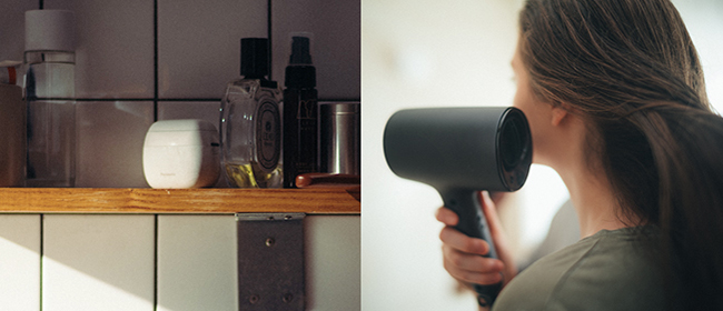Side-by-side photos: A compact shaver on a small bathroom shelf amongst other personal care products, and a woman drying her long hair with a stylish, compact hair dryer.