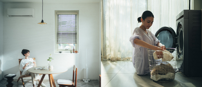 A woman relaxing near an AC unit in a bright room. A woman taking laundry out of a front-loading washing machine.